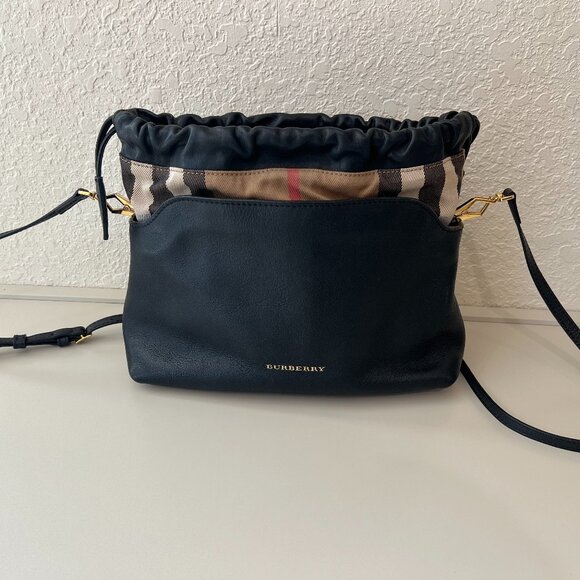 Burberry Peyton Navy Leather House Check Drawstring Crossbody - Picture 3 of 7